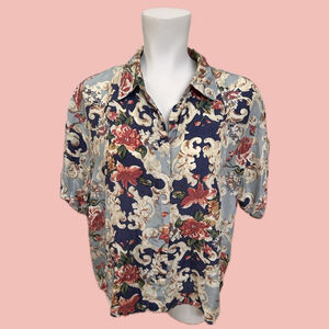 Vintage Silk Floral Button-Up Shirt – Short Sleeve Baroque Print